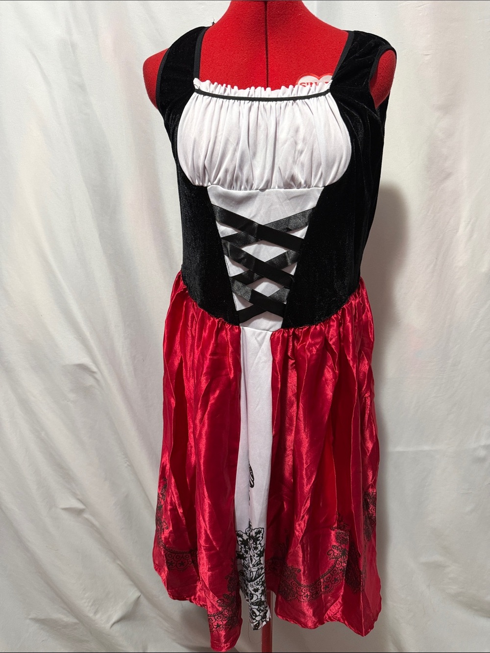 Women’s Red, Black & White Lace-Up Peasant Style Dress